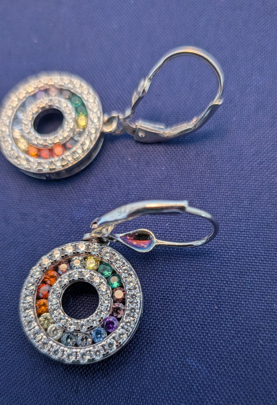Lustra Stella Earrings 925 Silver Rainbow Circle Halo Dangle Swarovski Zirconia