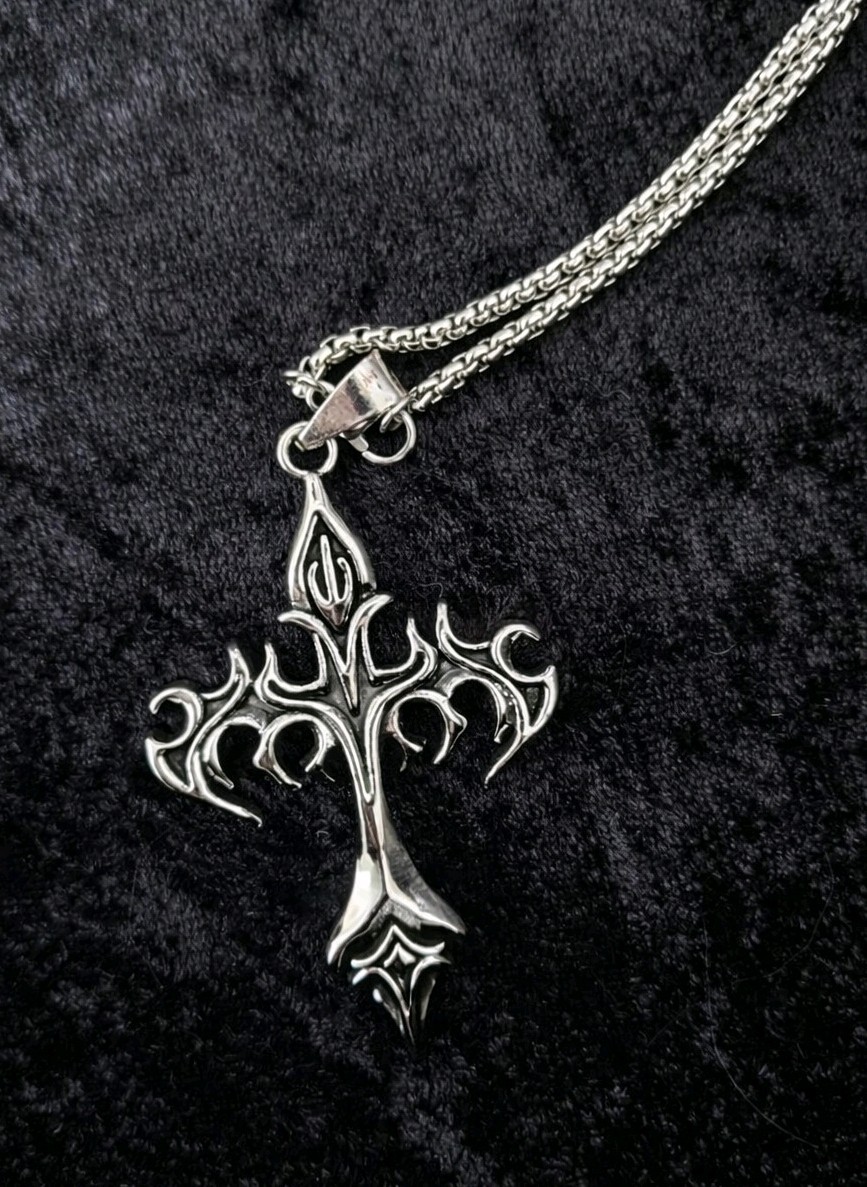 Goth Cross Silver And Black Colour Flame Necklace