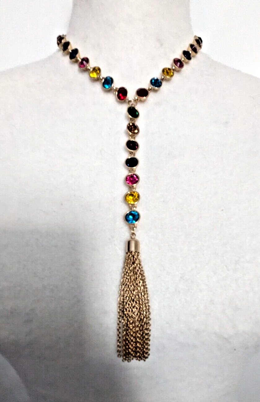 Lariat Necklace 8 mm Multicolor glass Rhinestones gold tone up to 19″ marked P