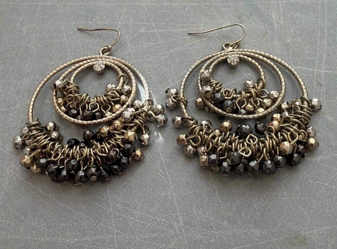 Vintage Boho Beaded Hoop Dangle Earrings Black Gold Tone Statement