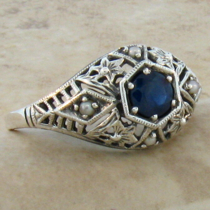 ANTIQUE STYLE GENUINE SAPPHIRE & PEARL 925 STERLING SILVER DECO DESIGN RING #069