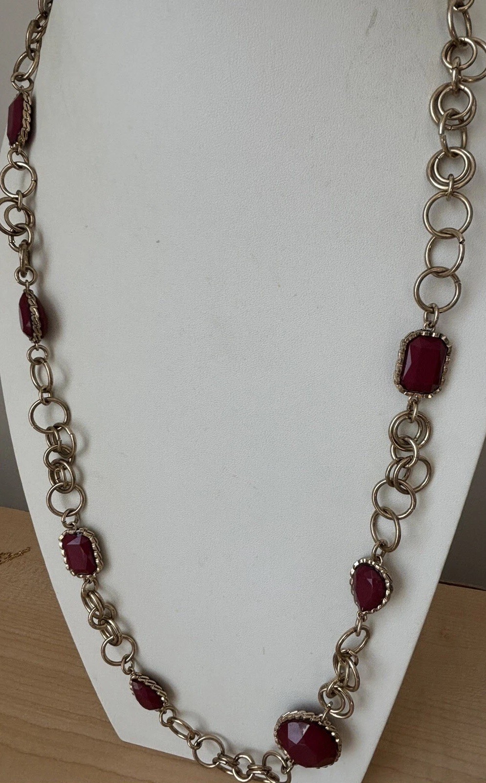 Red Cabochon Stations Necklace/ Xtra Long- Measures 32 In Total Length