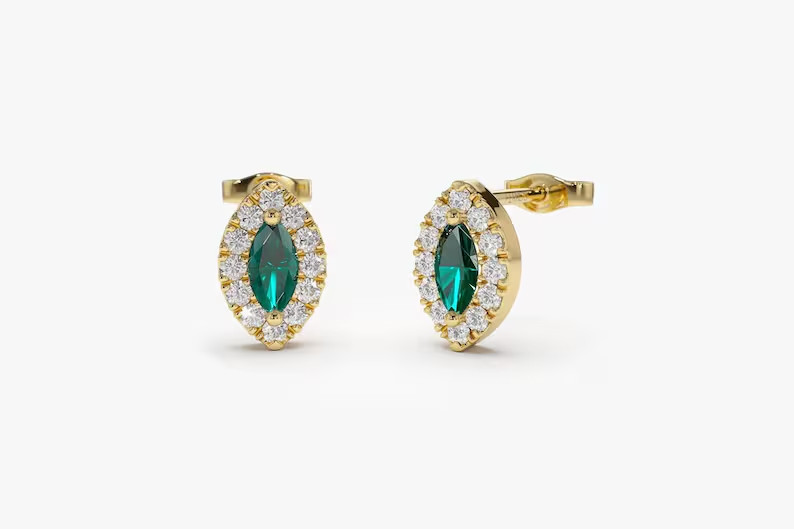 2.29 Ct Marquise Cut Simulated Emerald Halo Stud Earrings 14k Yellow Gold Plated