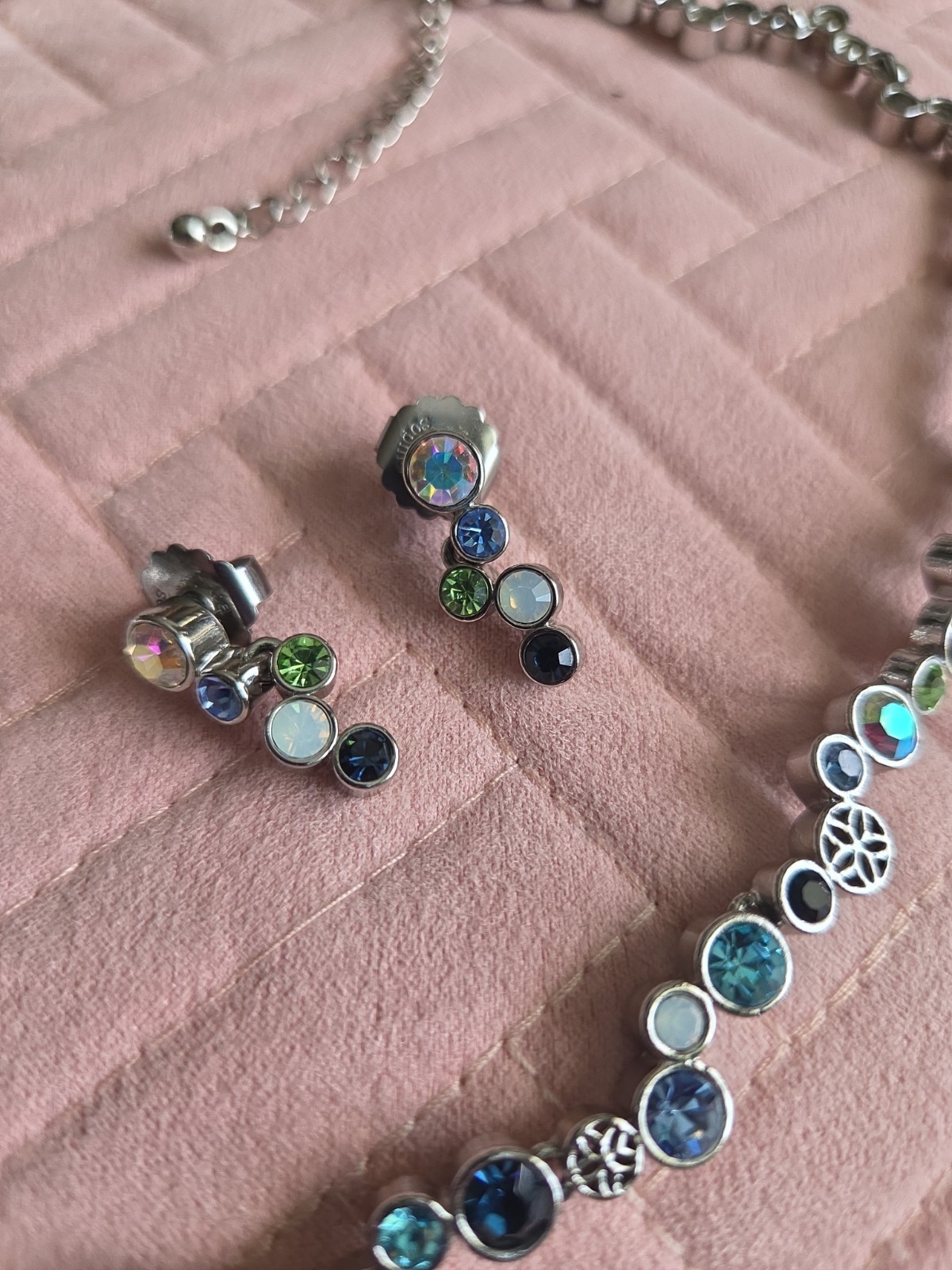 Lia Sophia HAPPY HOUR NECKLACE & EARRINGS SilverTone Blue Crystals RETIRED EUC