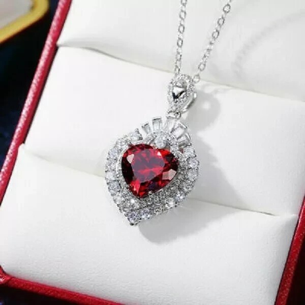 2Ct Heart Cut Simulated Red Ruby Double Halo Pendant In 14K White Gold Plated