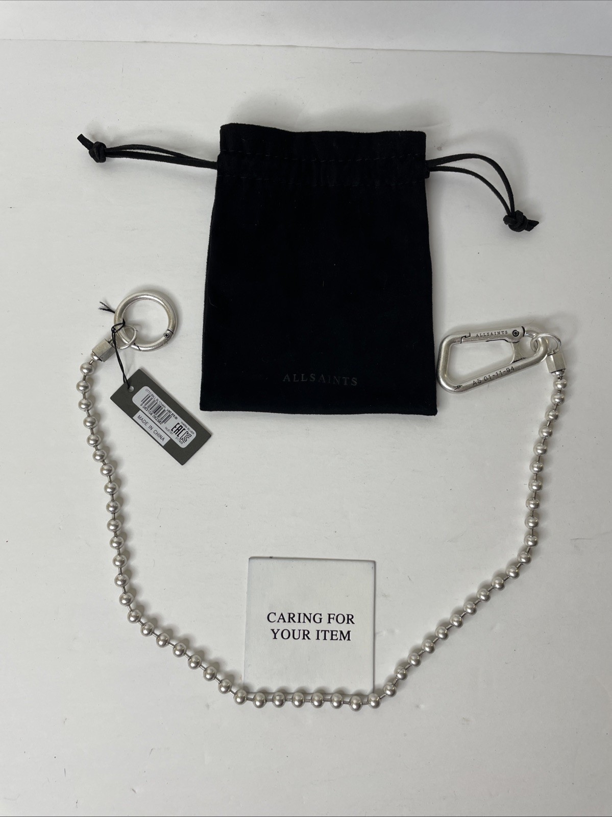 AllSaints Otto Warm Silver-tone Ball Belt Chain 26” With Velvet Pouch – Sold Out