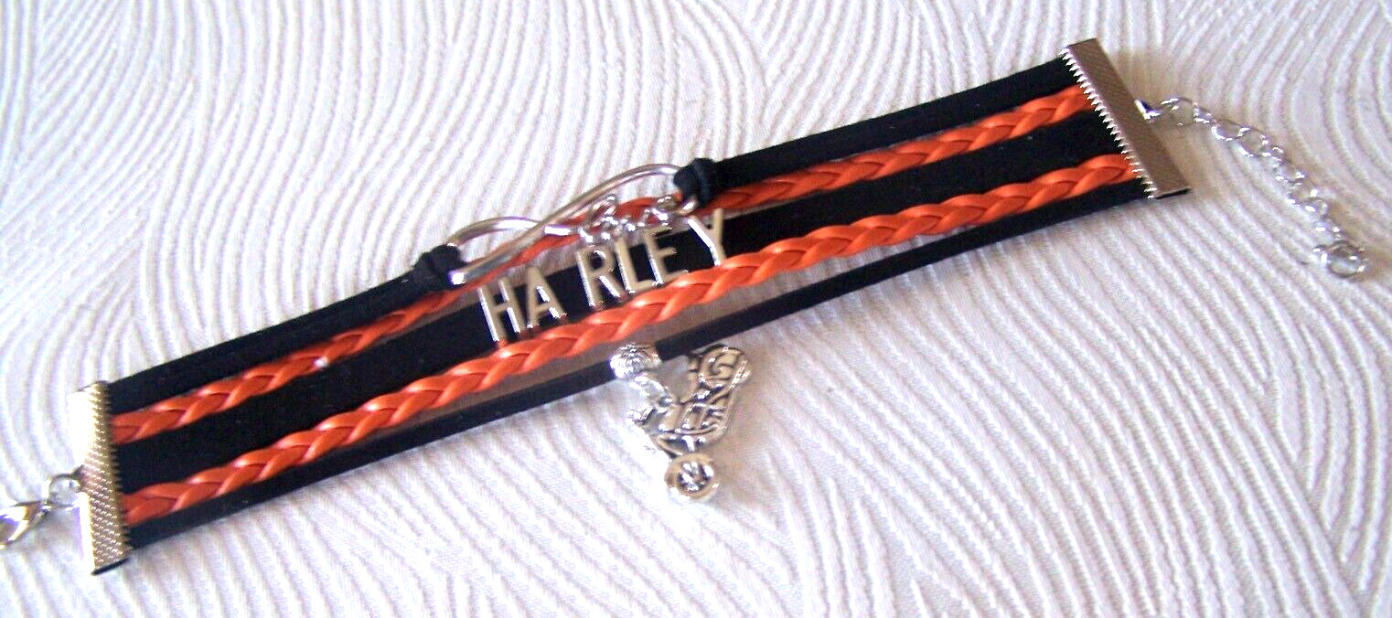 Harley Davidson Orange & Black Leather Metal Bracelet Motorcycle & Love Charms