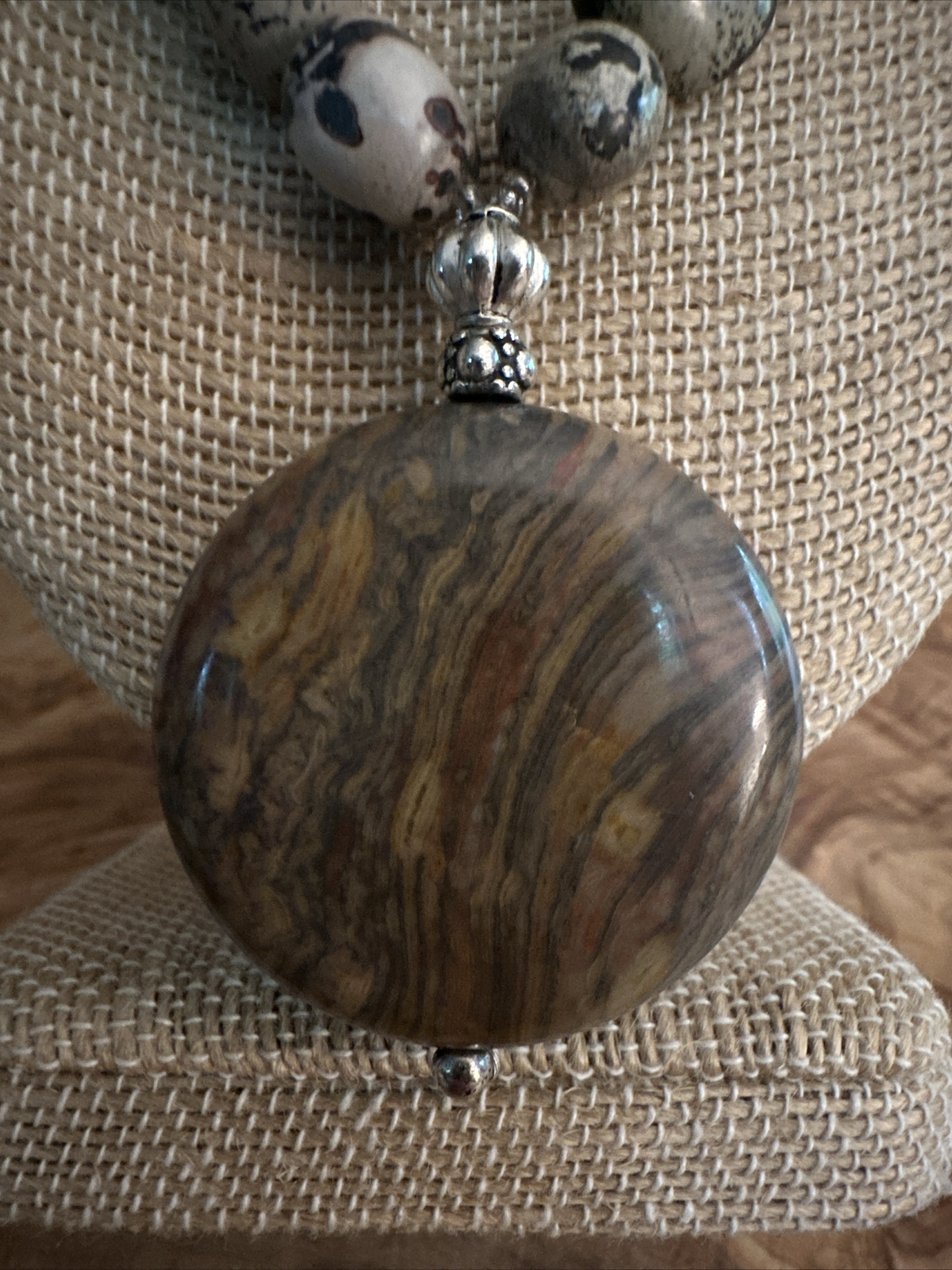 Artisan Circle Stone Pendant Necklace Beaded Silver Tone Toggle Clasp