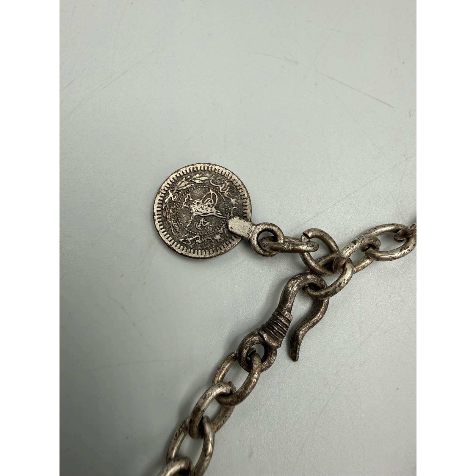 Boho Silver Tone Etched Hexagon Charm Statement Necklace Ethnic Coin Detail 20″