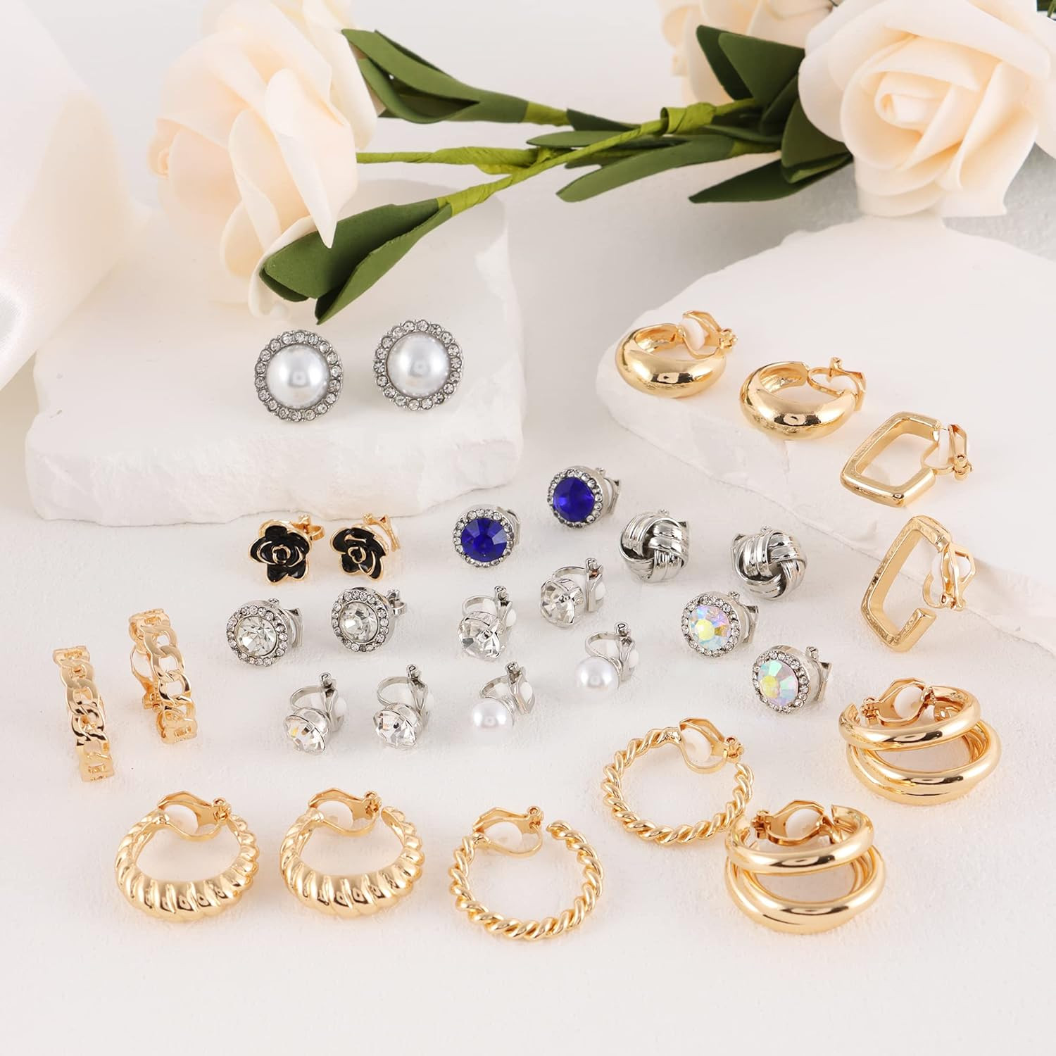 15 Pairs Clip on Earrings for Women: Non Pierced, Cute, Crystal & Pearl Designs,