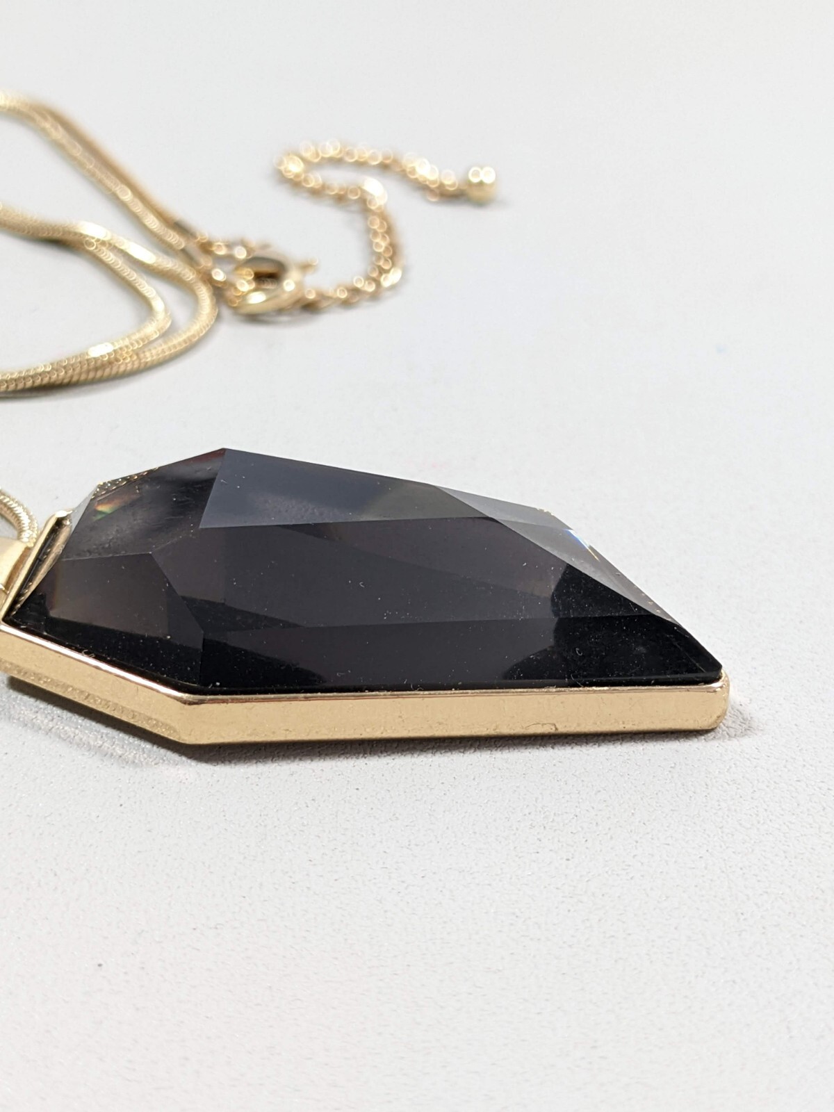 Gold Tone Smoky Gray Acrylic Cabochon Pendant Long Necklace 31 inch