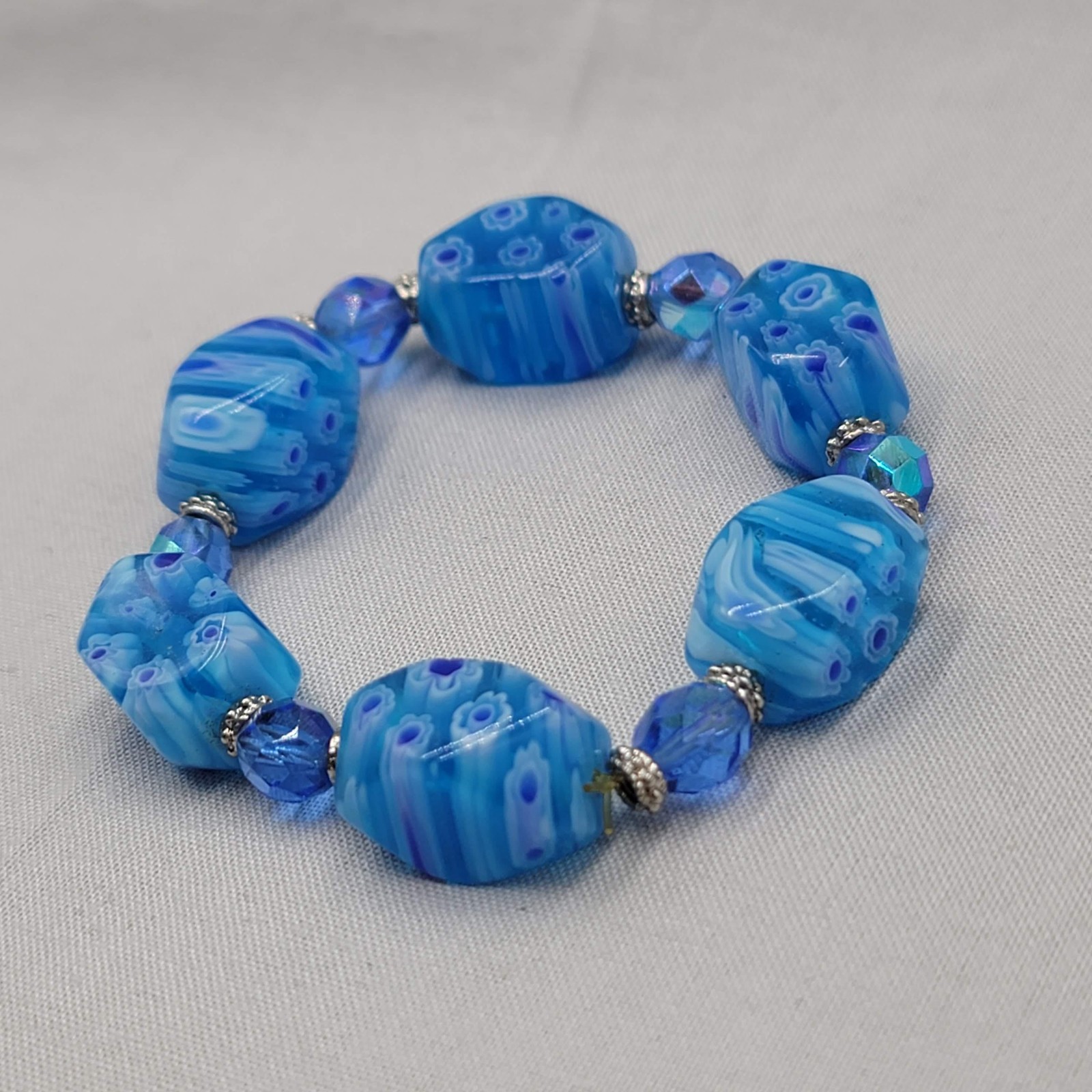 Chunky Blue Glass Beaded Bracelet Womens 6 In Stretch Millefiori Style Jewelry