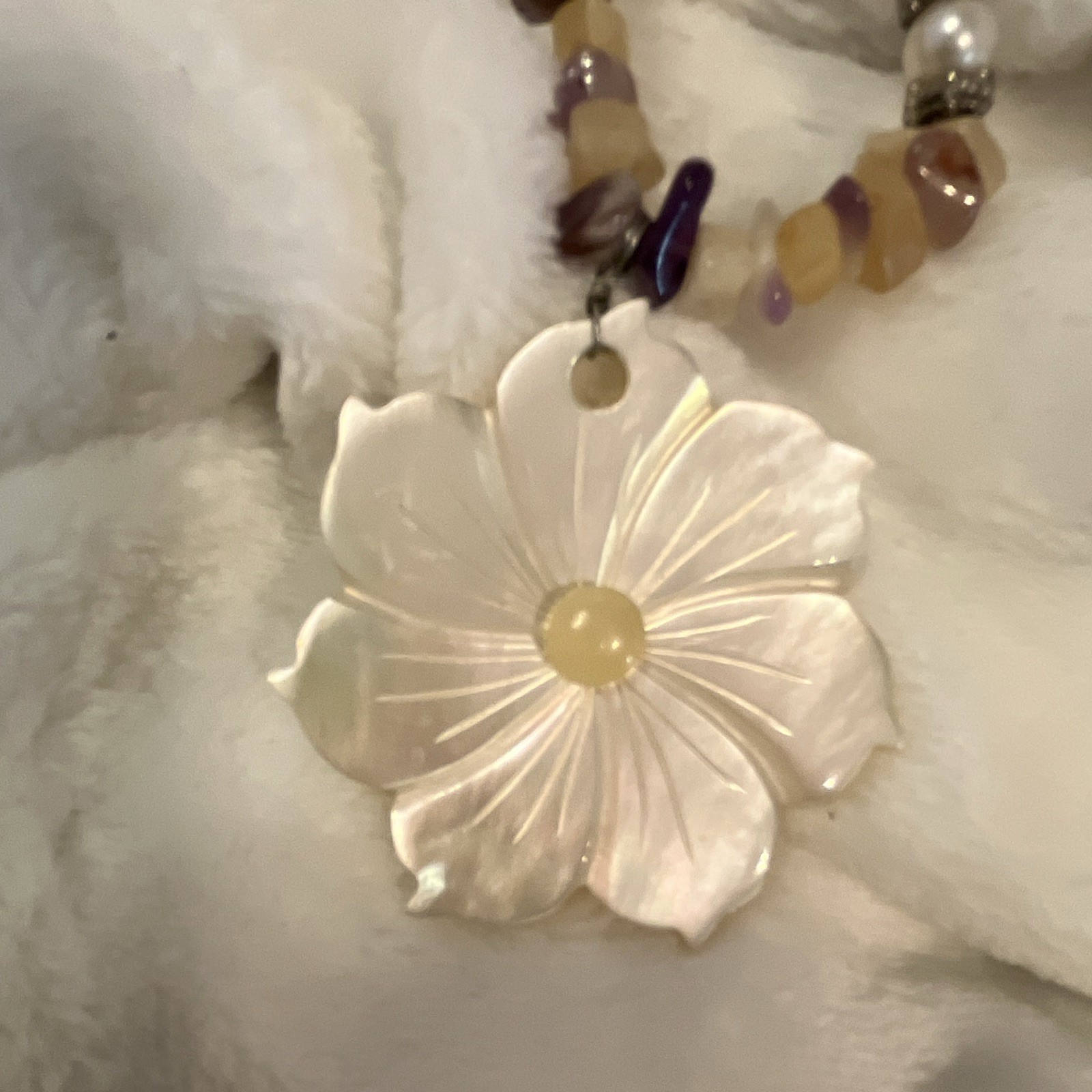 Beaded Pendant Necklace Shell Flower Charm w/ Pearl Accents, Lobster Clasp