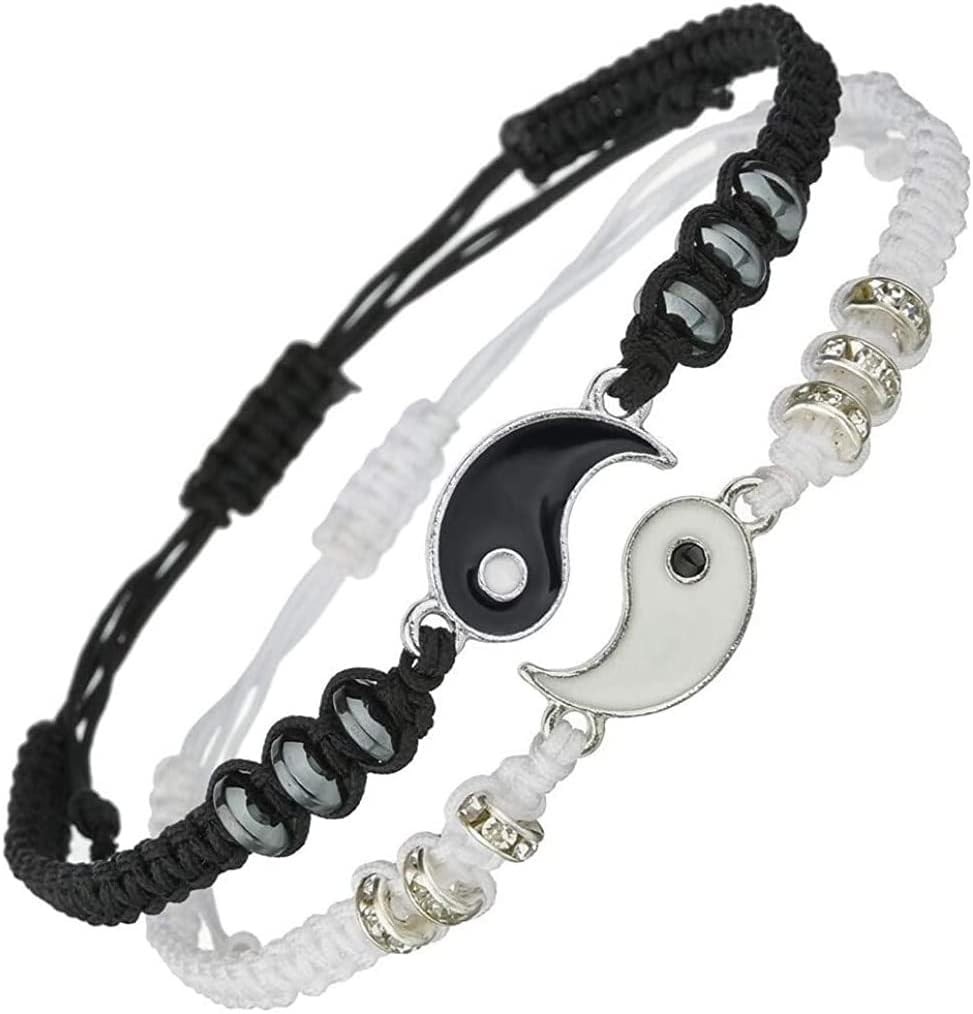 Caiyao Best Friend Bracelets for 2 Matching Yin Yang Adjustable Cord BFF Gift