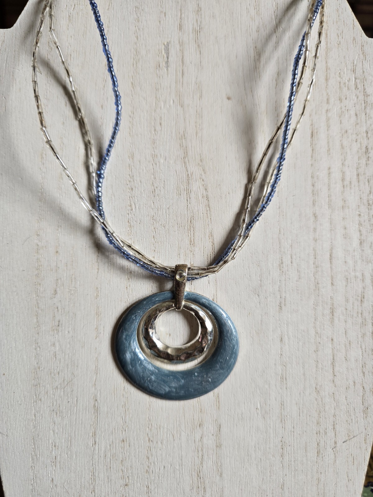 Kenneth Cole Signed Enamel Necklace Pendent Light Blue Silver Glass Beads