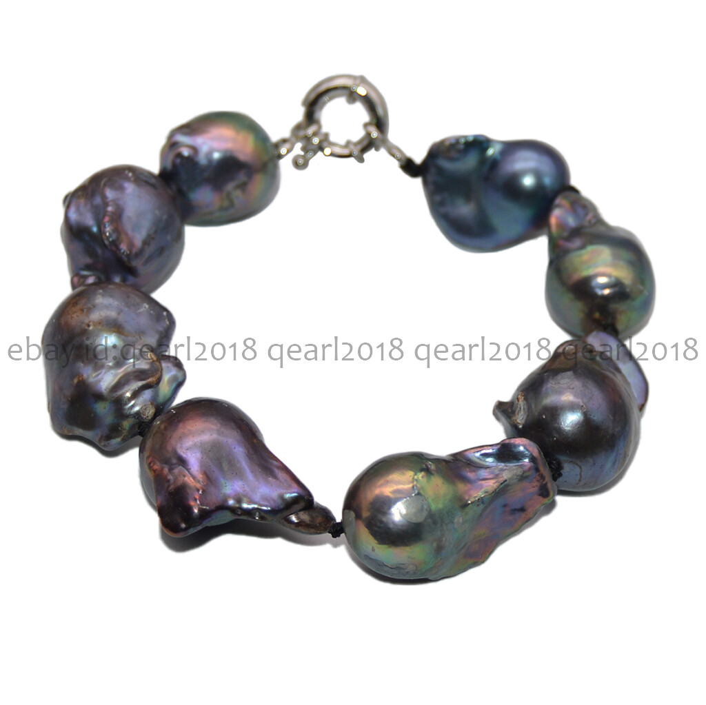 Huge 15-35mm Real Natural Black South Sea Baroque Pearl Jewelry Bracelet 7.5”