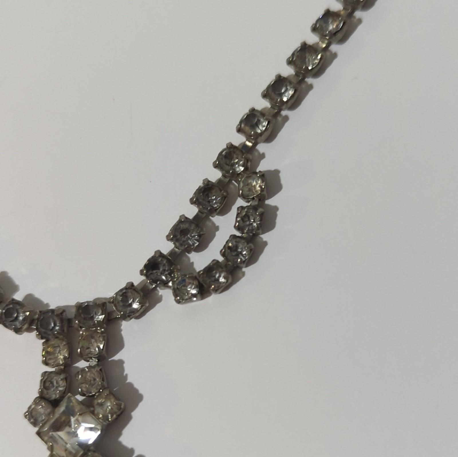 Vintage Art Deco Rhinestone Choker Necklace Silver Tone Geometric Drop Patina