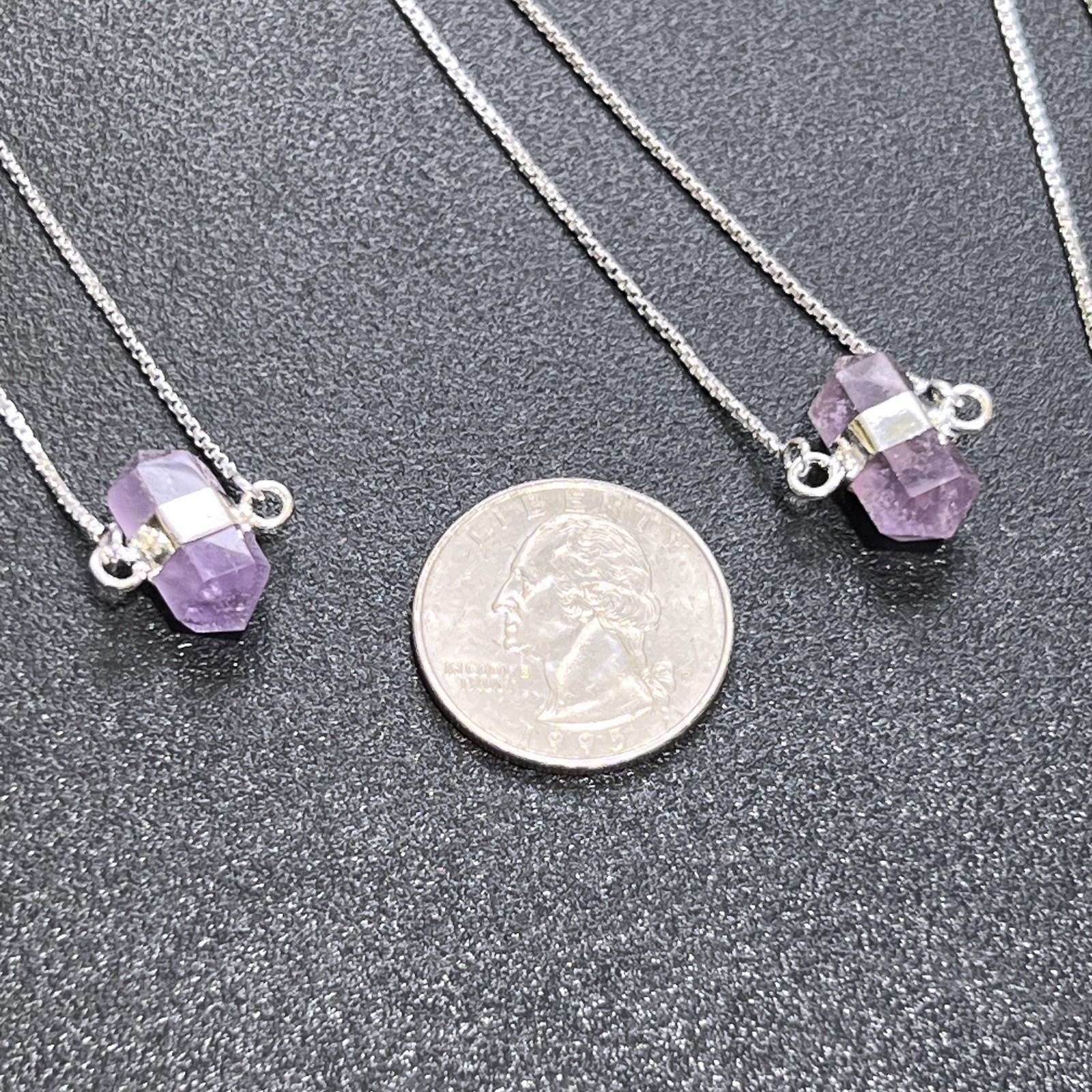 Amethyst Crystal Petite Double Terminated Point Pendant Necklace (16 Inch Chain)