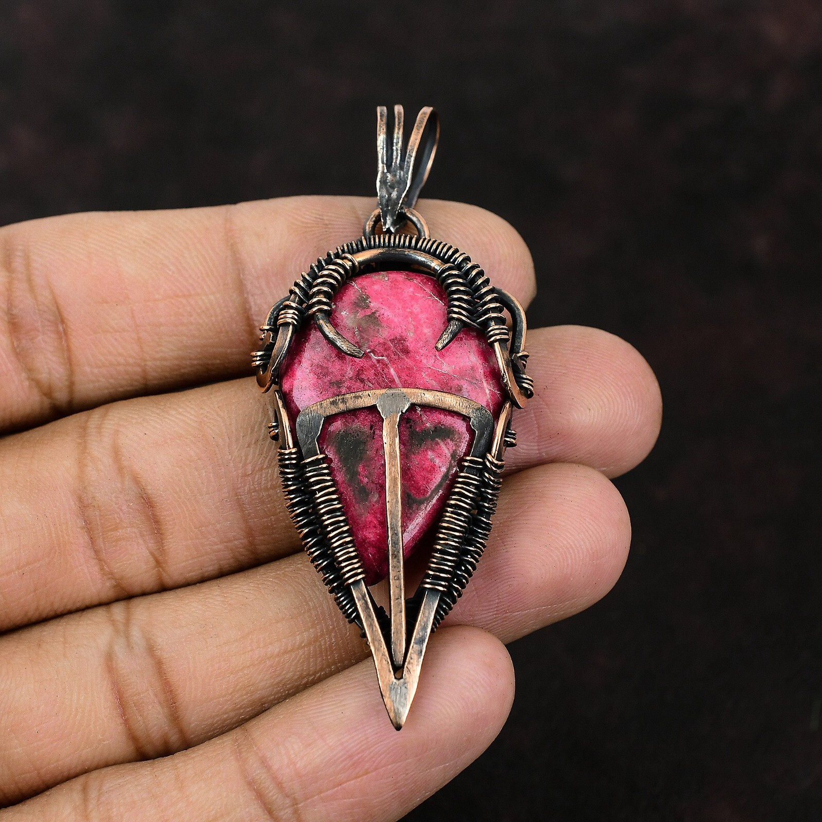 Thulite Gemstone Handmade Jewelry Copper Sister Gift Wire Wrapped Pendant 2.64″