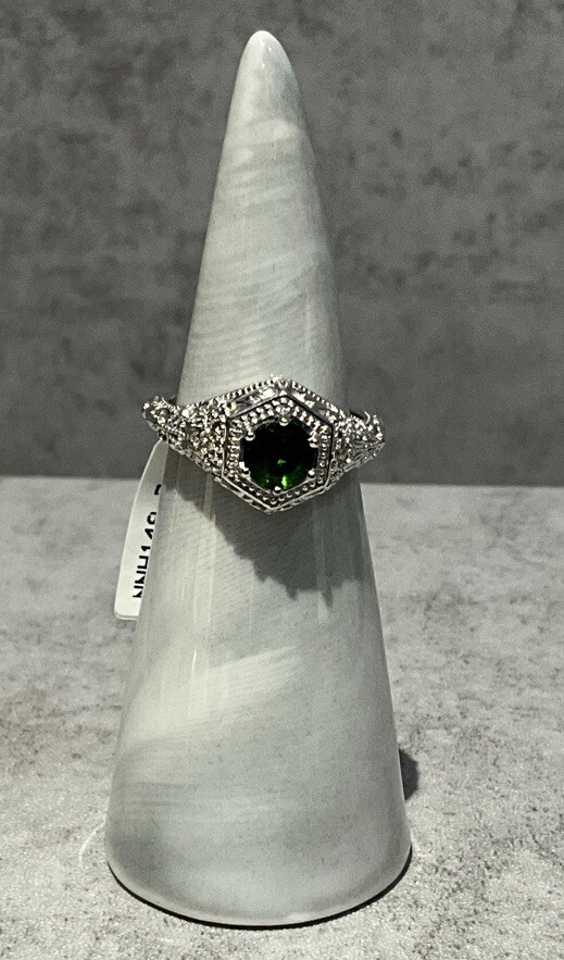 Green Chrome Diopside Rhodium Over .925 Sterling Silver BBJ Ring Size 6.75