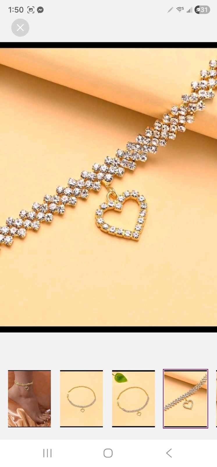 Gold Tone Clear Round Crystal Cable Chain Anklet Heart Charm Lobster Closure