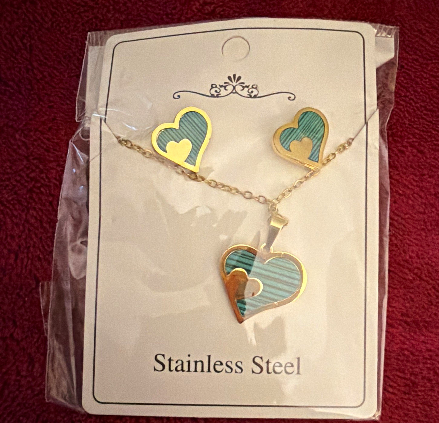 Stainless Steel Gold Tone Cable Chain Necklace Heart Charm Pendant Blue Green
