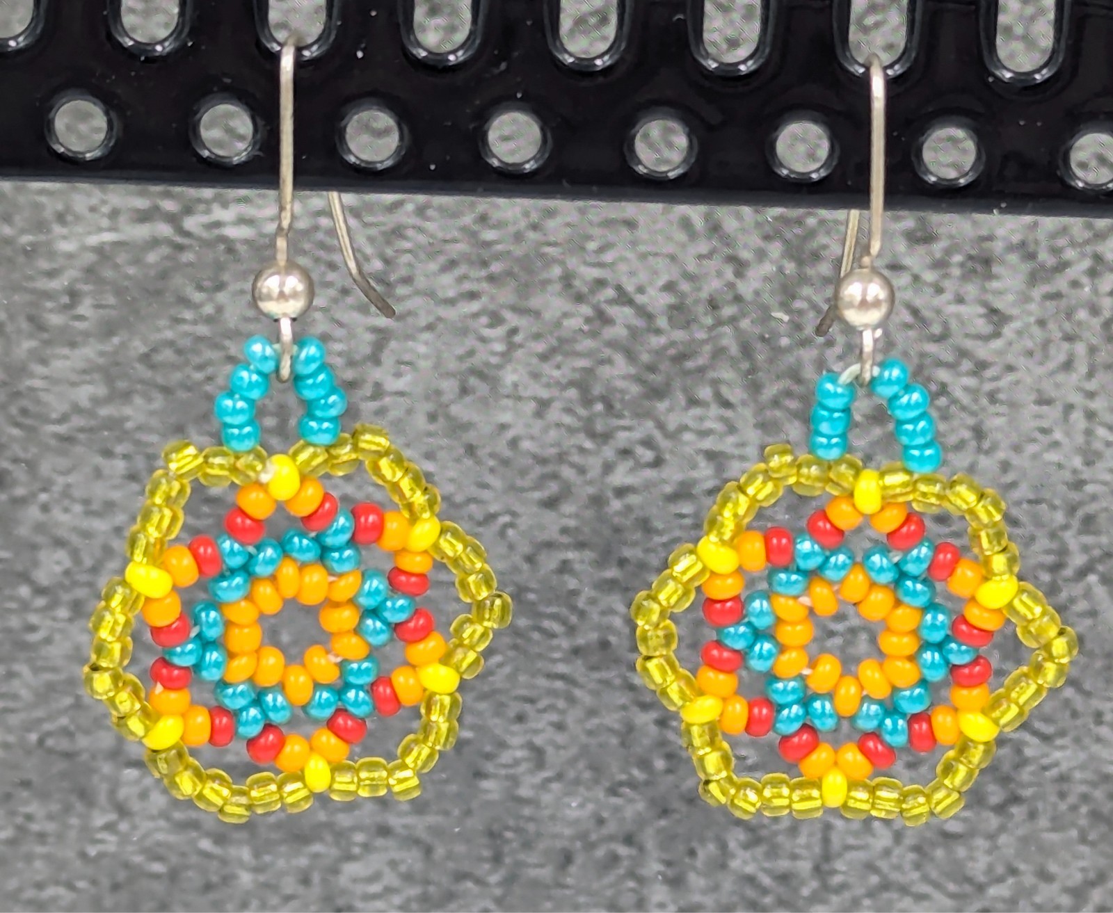 Seed Bead Earrings Yellow Sky Blue Hexagon Shaped Beaded Jewelry Silver Tone