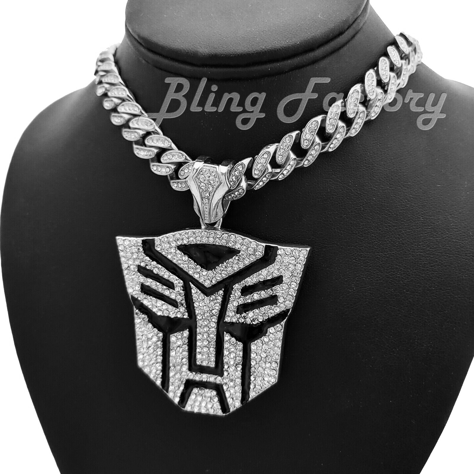 TRANSFORMER AUTOBOT Bling pendant 16″ 18″ 20″ Iced Box Lock Cuban Chain Necklace