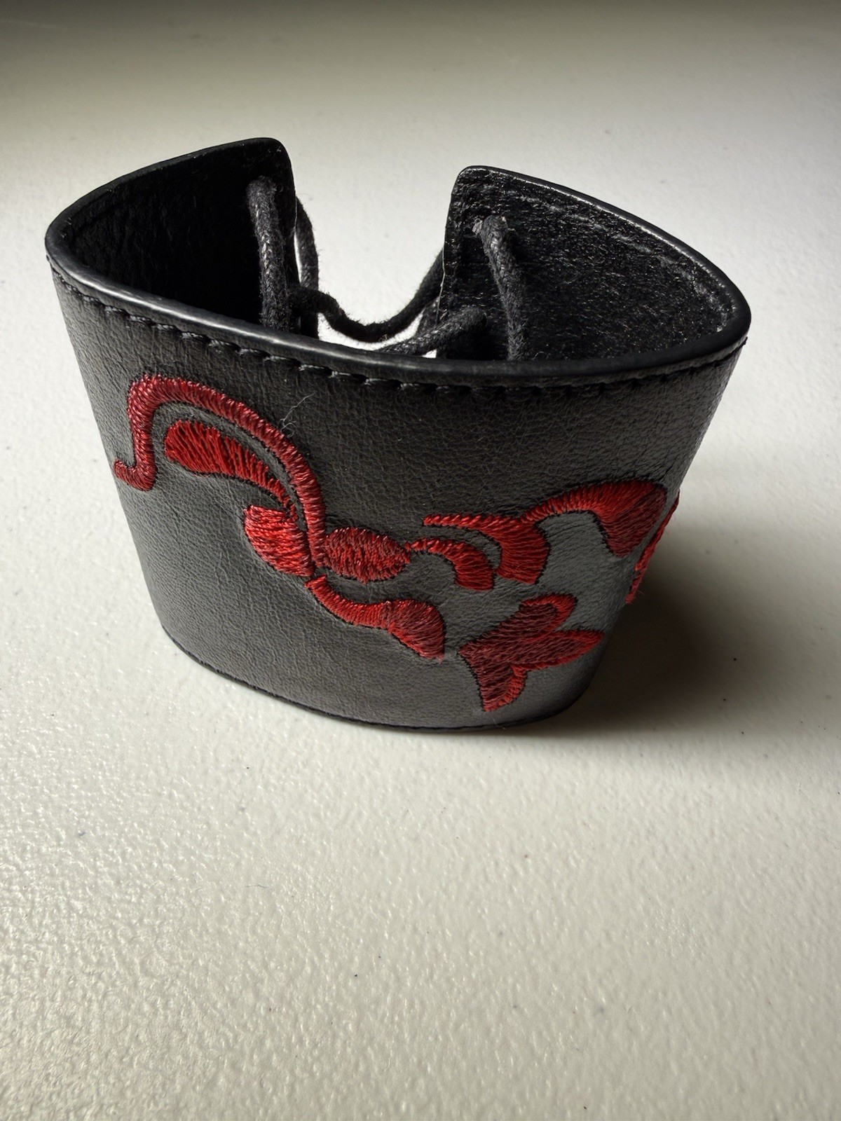 Vintage Armani Exchange Black Leather Lace-Up Cuff Bracelet Red Floral Signed
