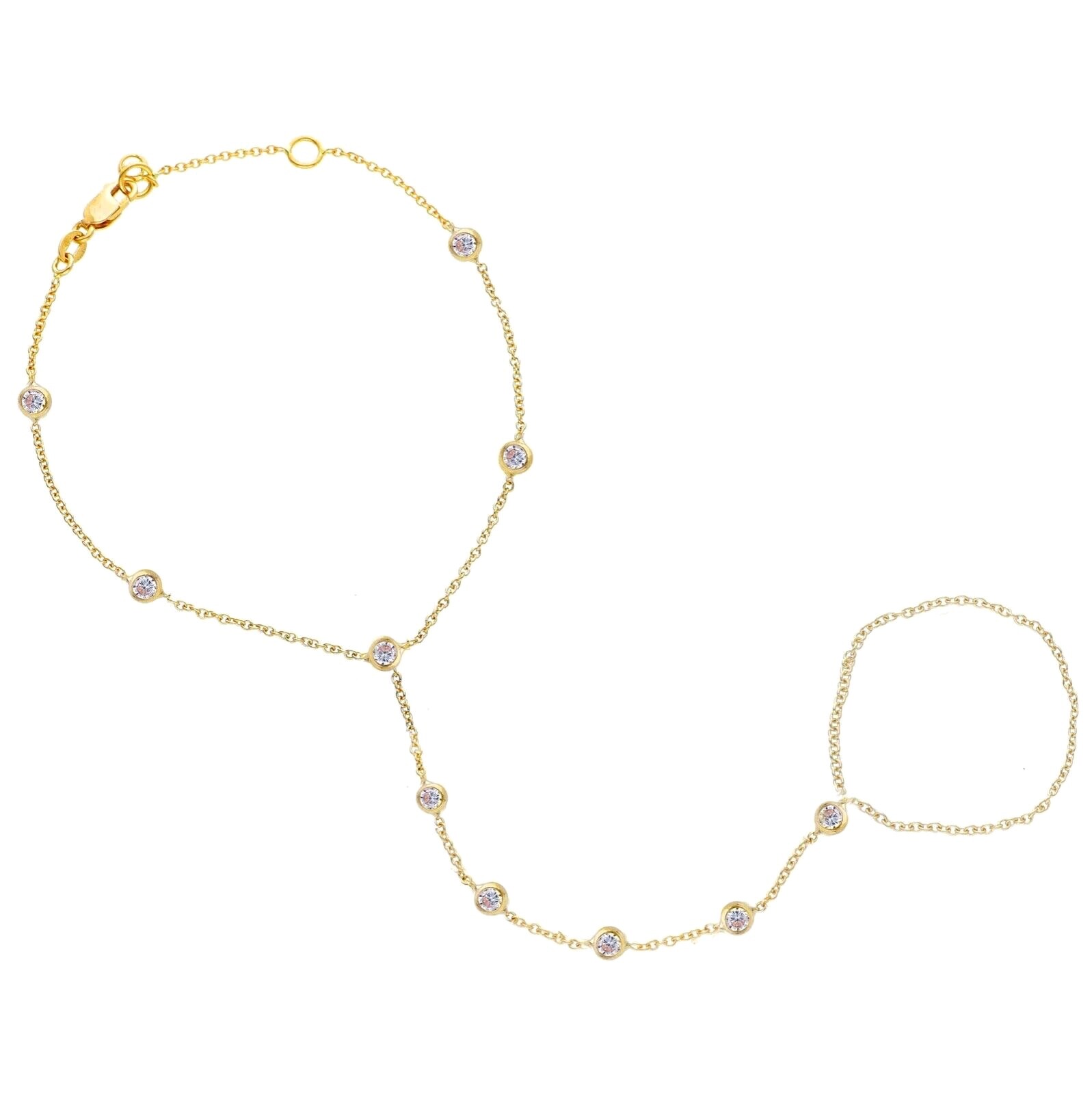 18K YELLOW GOLD CHAIN BRACELET HAND KISS FINGER RING HARNESS, CUBIC ZIRCONIA