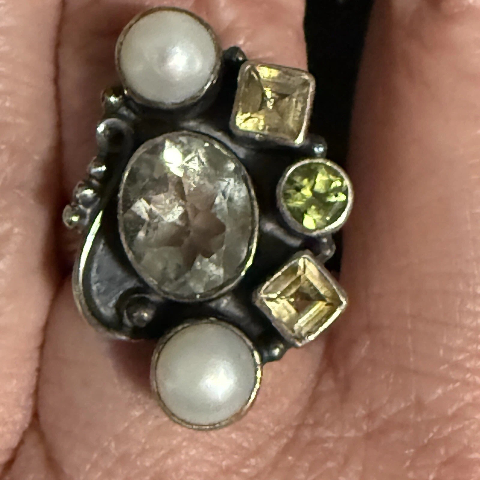 925 Sterling Silver Oval Cluster Cocktail Ring w/ Pearl Accents Size 7