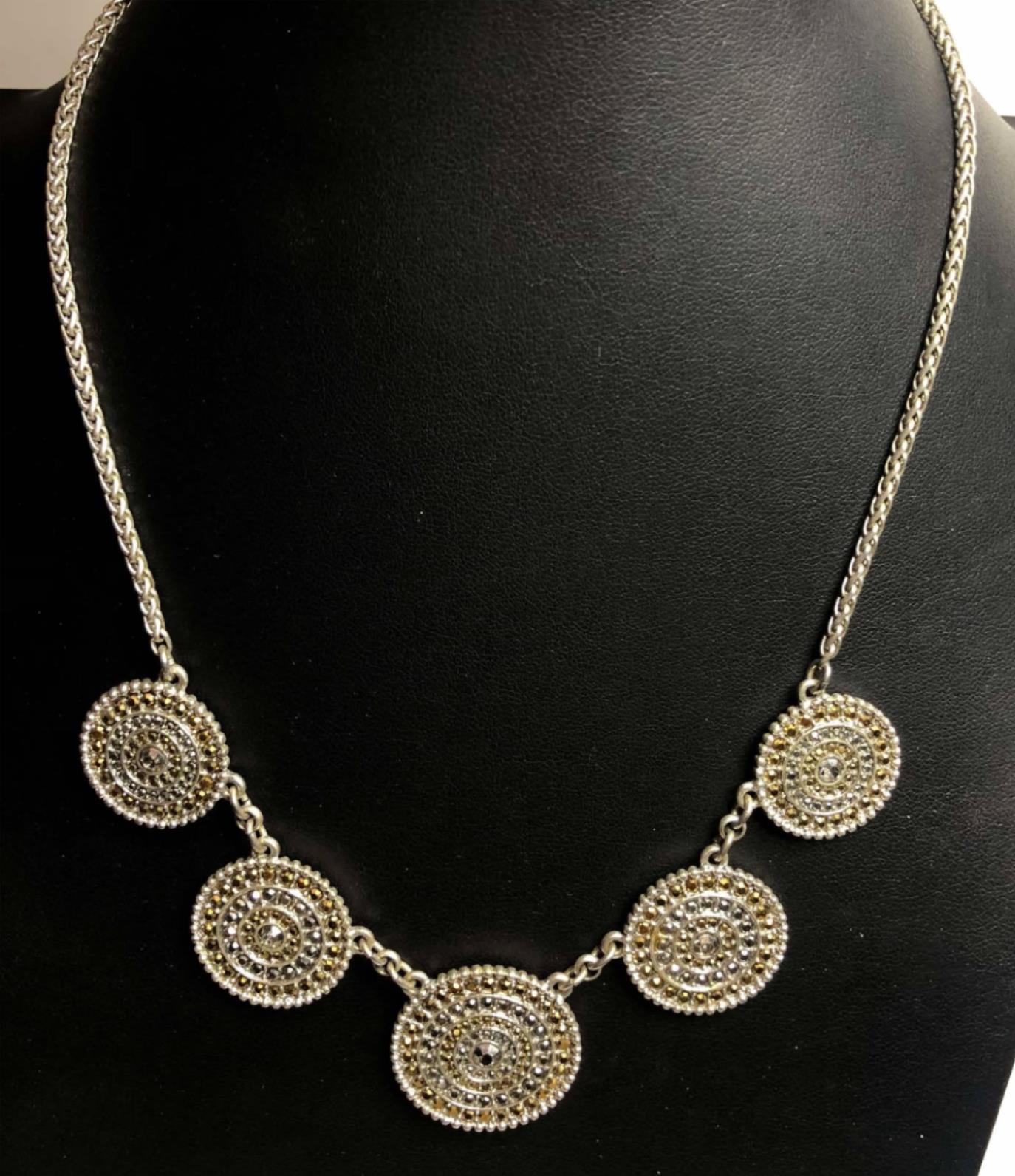 2754 Lucky brand silver tone medalian faux marcasite necklace 18-20″