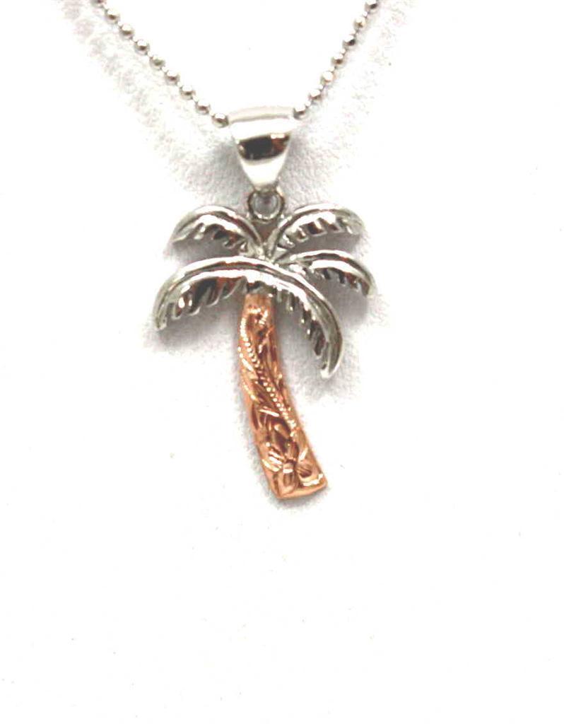 2 TONE 16MM ROSE PINK SILVER 925 HAWAIIAN PALM TREE SCROLL PENDANT RHODIUM