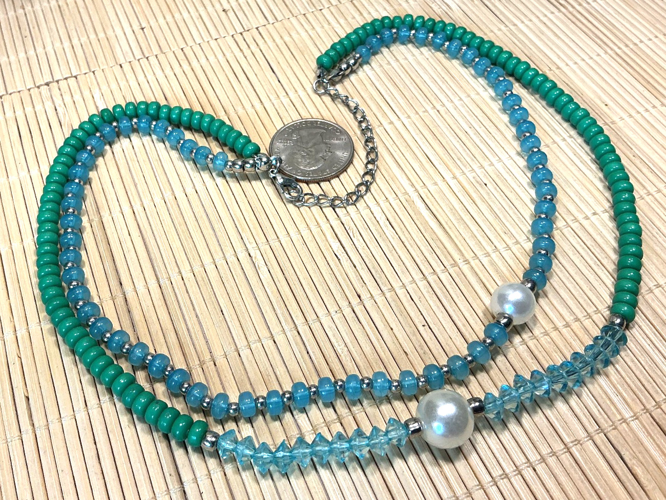 Fashion Necklace Plastic Glass Aqua Green Silver Tone Faux Pearl Multi Lot 104