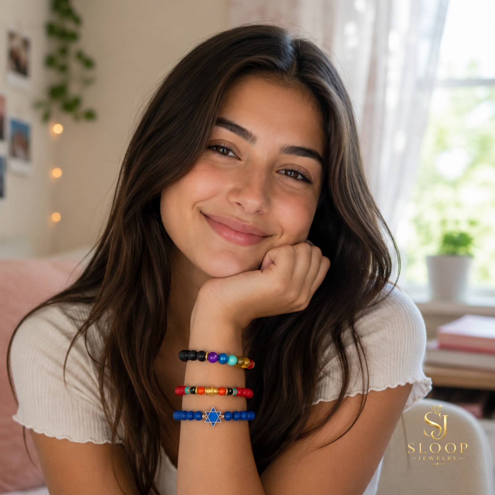 Colorful Bead Bracelet Trio – Evil Eye, Star of David & Black Lava Rock