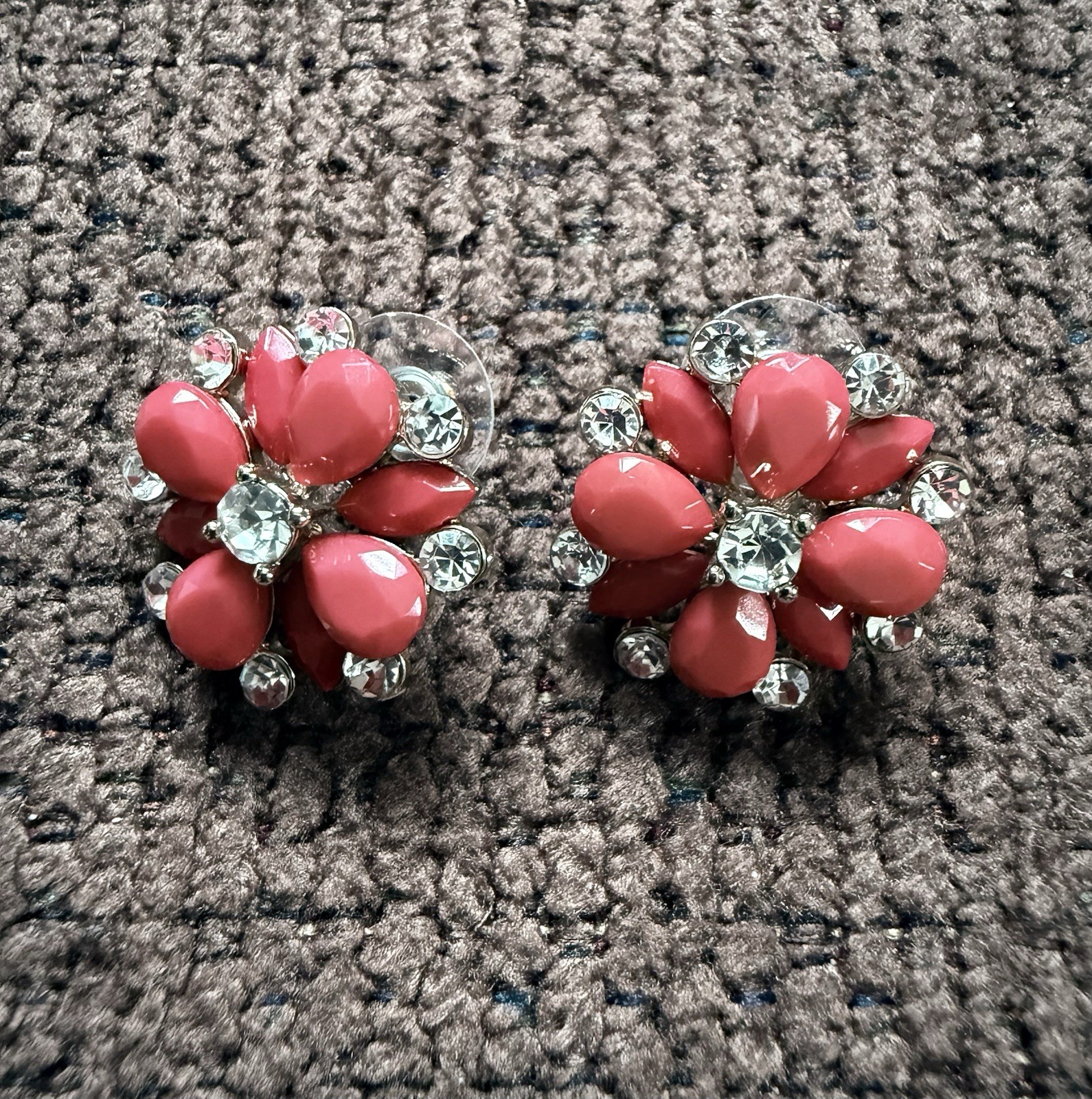 Pierced Pink Floral Stud Earrings w Crystal Rhinestone Inset