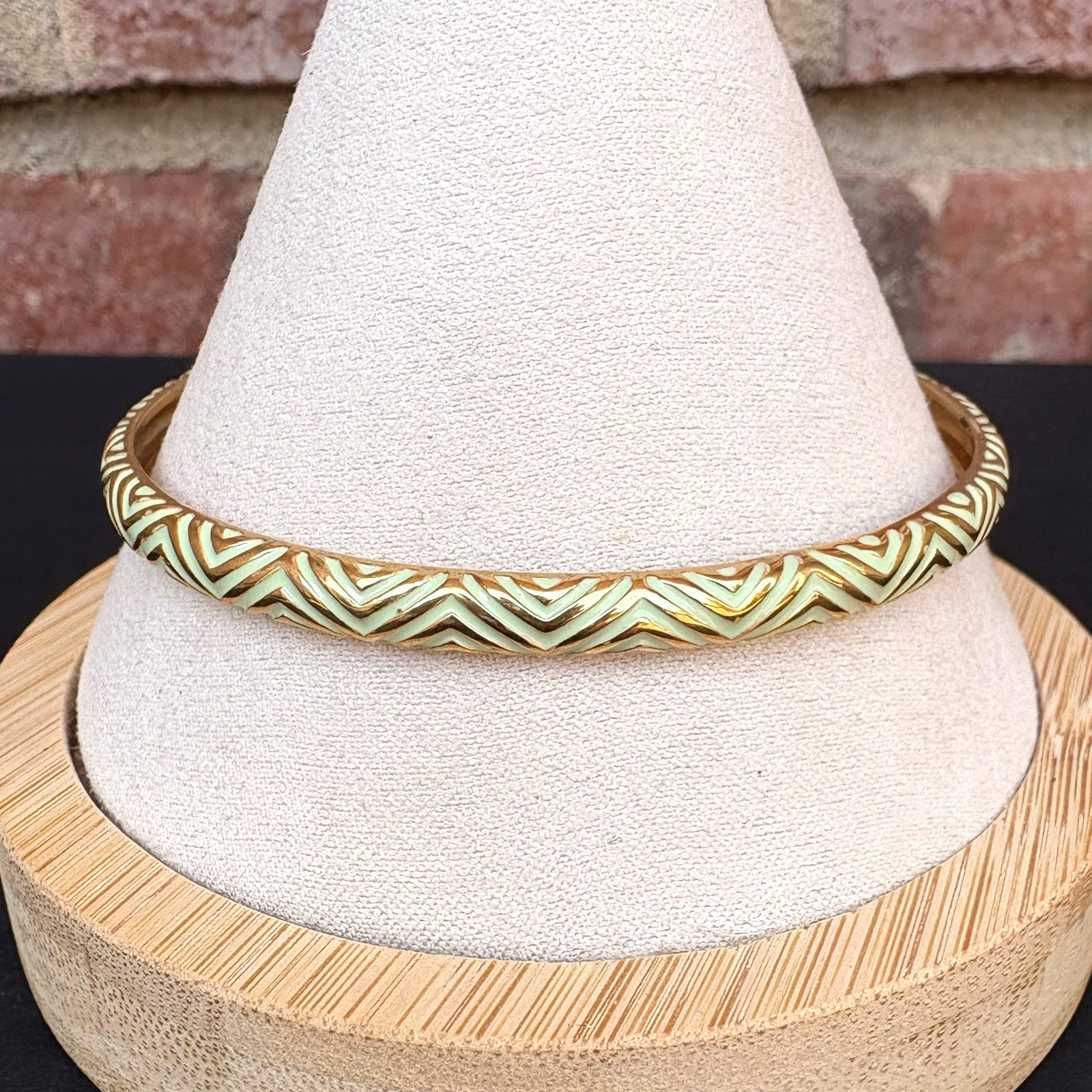 J. Crew Gold Tone Mint Green Enamel Geometric Pattern Thin Bangle Bracelet