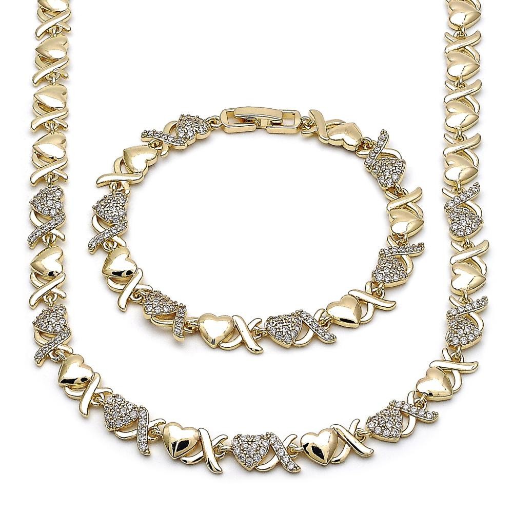18K Gold Finish Hugs Kisses CZ Love Heart Necklace Bracelet Jewelry Set