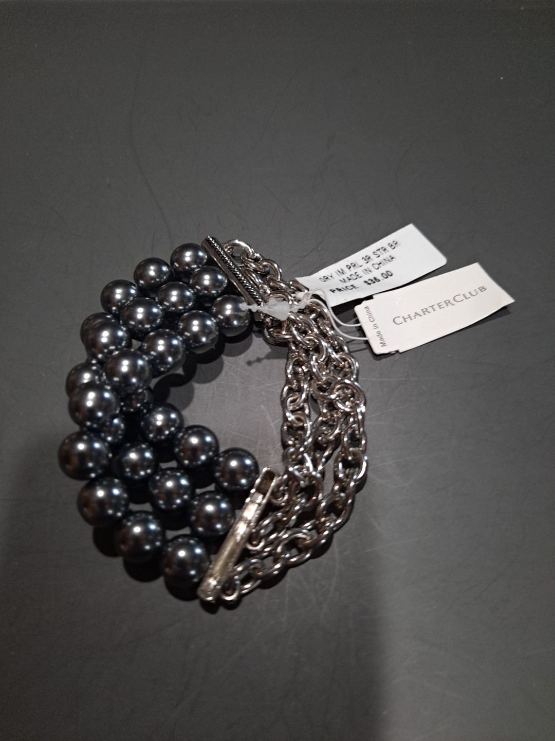 NWT Silver tone Gray Pearl Bracelet Stretch Charter Club Multistrand Pearl New