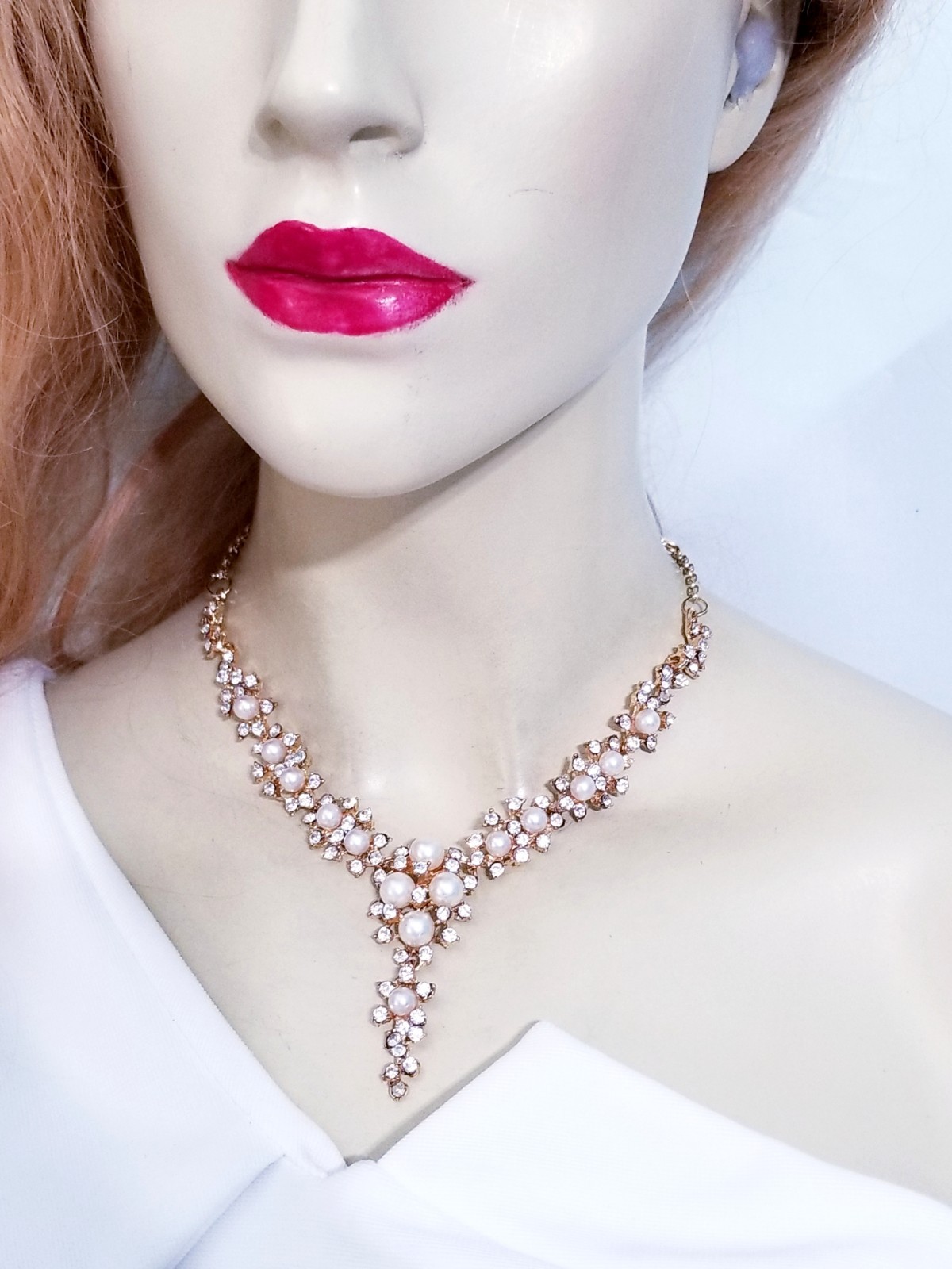 Clear Crystal Choker Rhinestone Created Pearls Necklace Bridal Prom Pageant