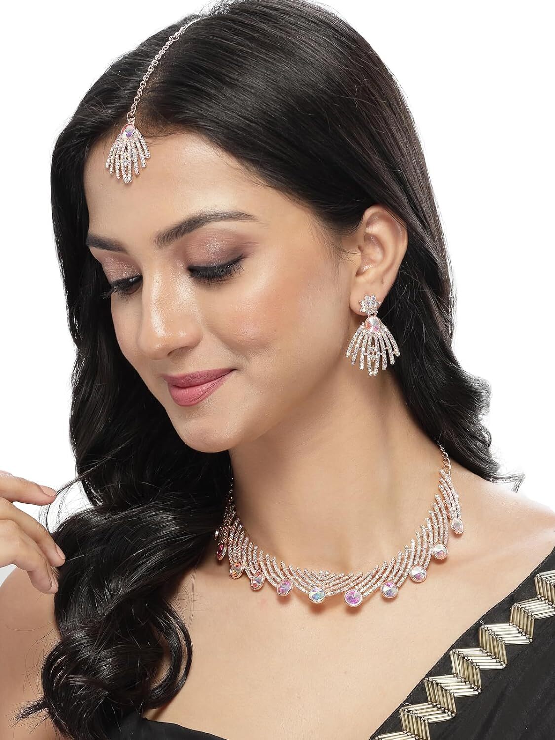 Rose Gold Plated Rainbow Stones Collar Bone Necklace Set With Earring And Maangt