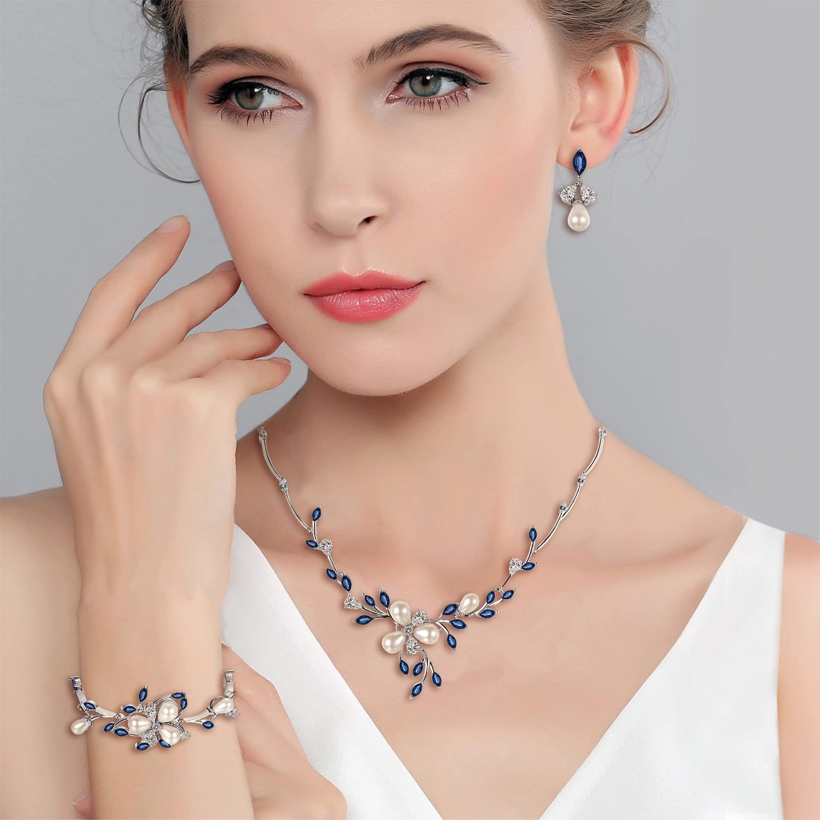 Wedding Jewelry Set for Bride, Simulated Pearl Blue Marquise CZ Flower Filigr…