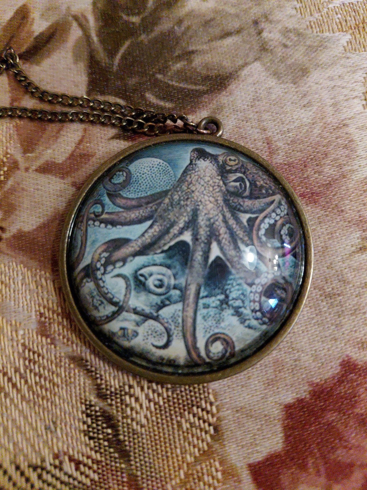 Vintage Round Brass Octopus Pendant with Glass Dome 1 3/4 Inches Diameter