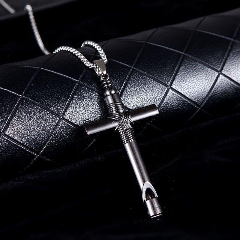Vintage Punk Hip Hop Emergency Whistle Cross Portable Necklace-Gun Color
