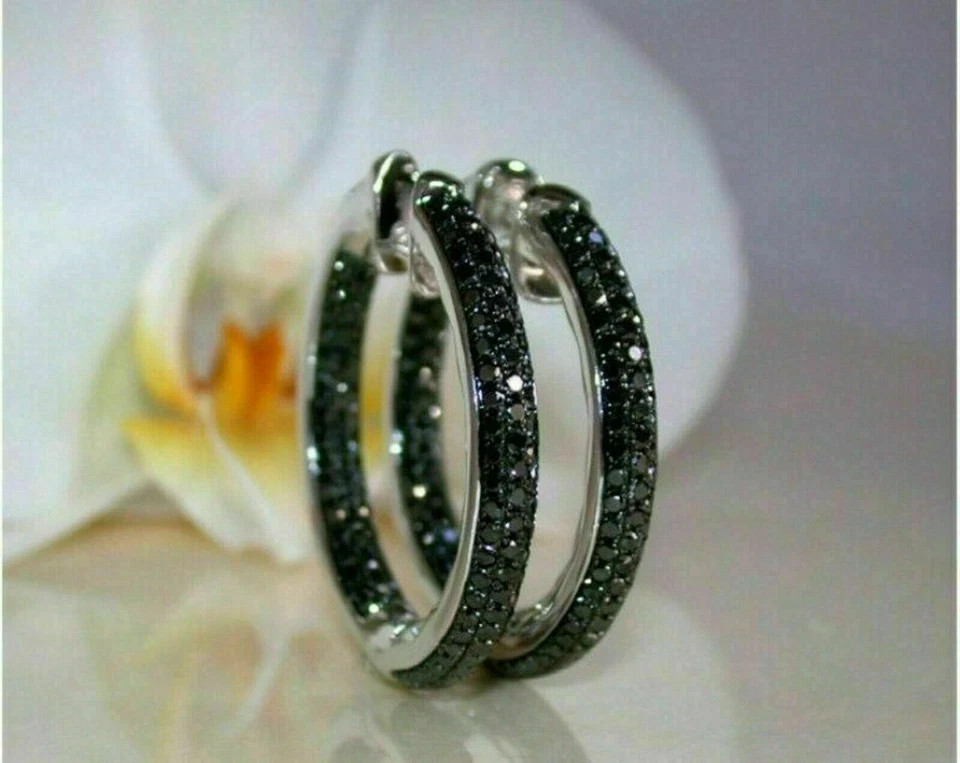 2.000Ct Round Cut Simulated Black Diamond Hoop Earrings 14K White Gold Plated