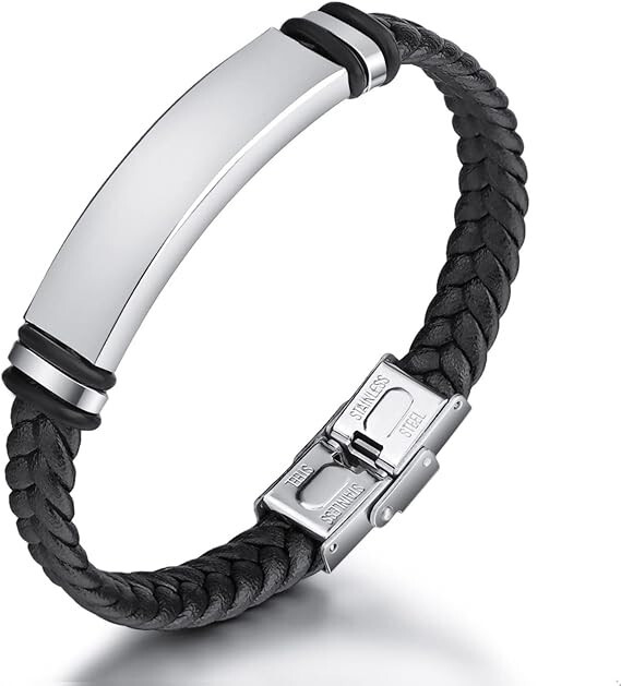 Leather Bracelet Fashion Men Jewelry Black Stainles Steel Clasp Bangle Braided