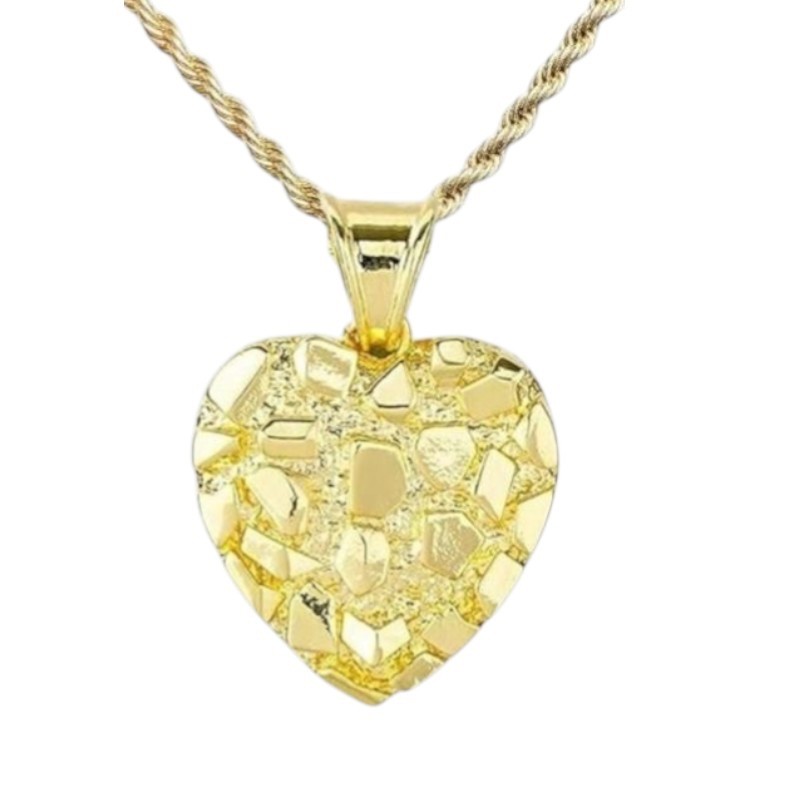 14K Nugget Textured Heart Shaped Rope Style Necklace 20″ 4mm Small Pendant 14mm