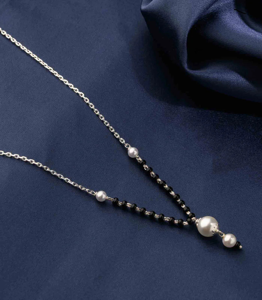 16″to30″925 sterling silver black beaded chain and pearl ball mangalsutra ms126