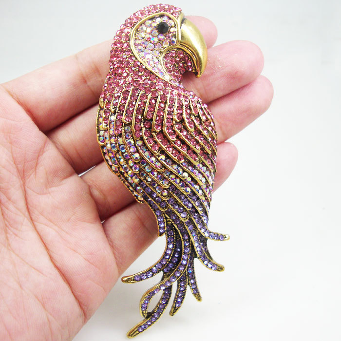 Fashion Parrot Birds Brooch Pins Pendant Pink Crystal Rhinestone