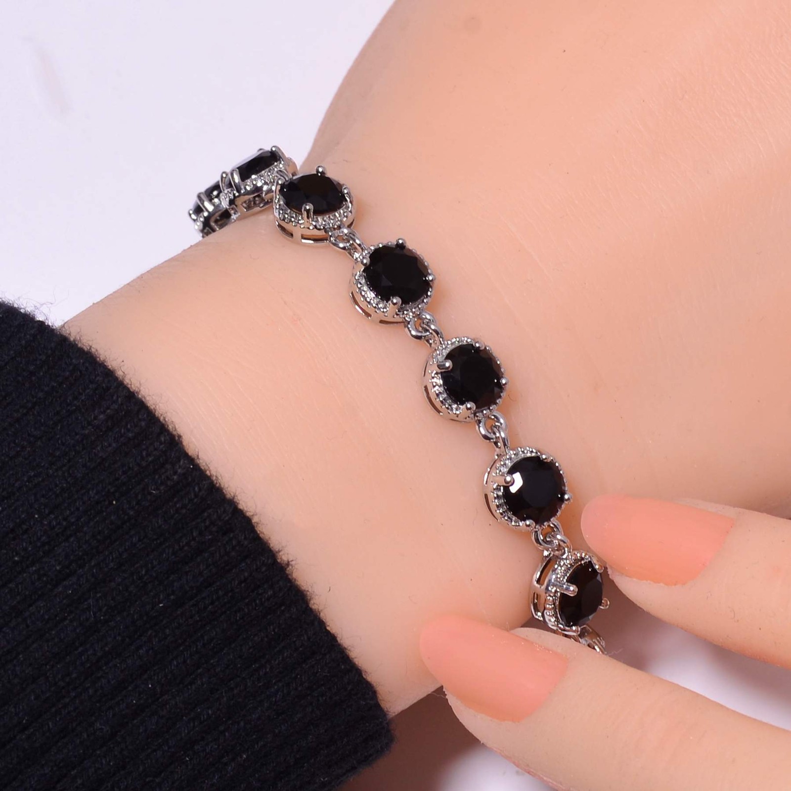 Black Onyx Gemstone 925 Sterling Silver Tennis Bracelet 7.99″ B82, Gift for her